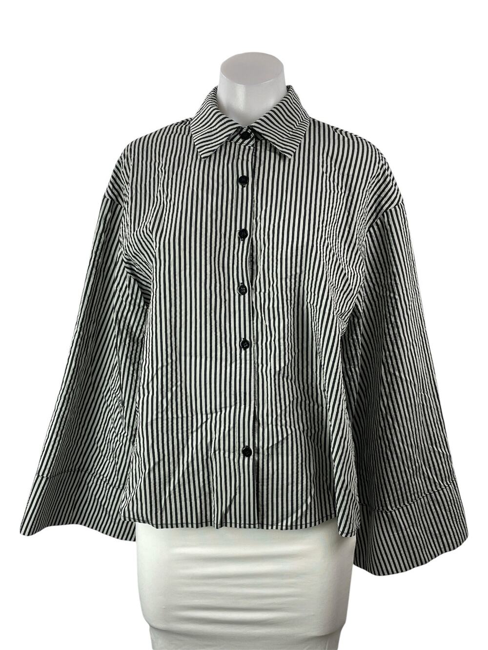 MISSGUIDED Womens Black White Striped Long Bell Sleeves Button Down Shirt Top XS
